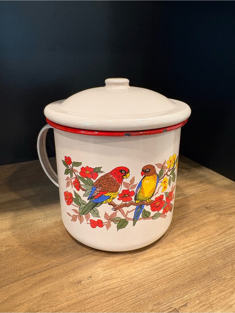 ❤️🦜 Vintage Enamelware Mug Canister with Parakeets and Flowers